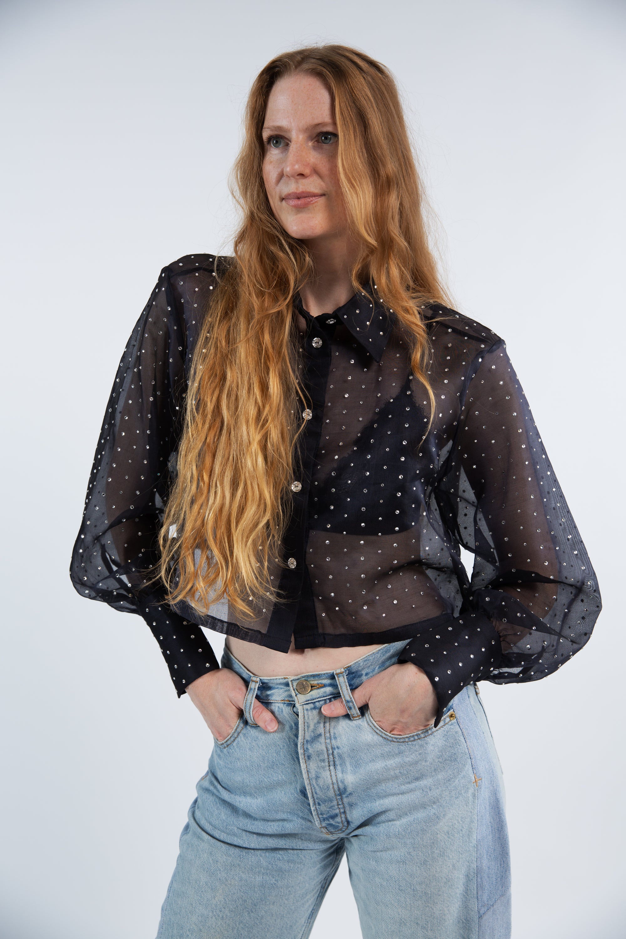 Organza silk blouse with rhinestones