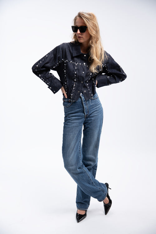 Cropped denim jacket with pearls