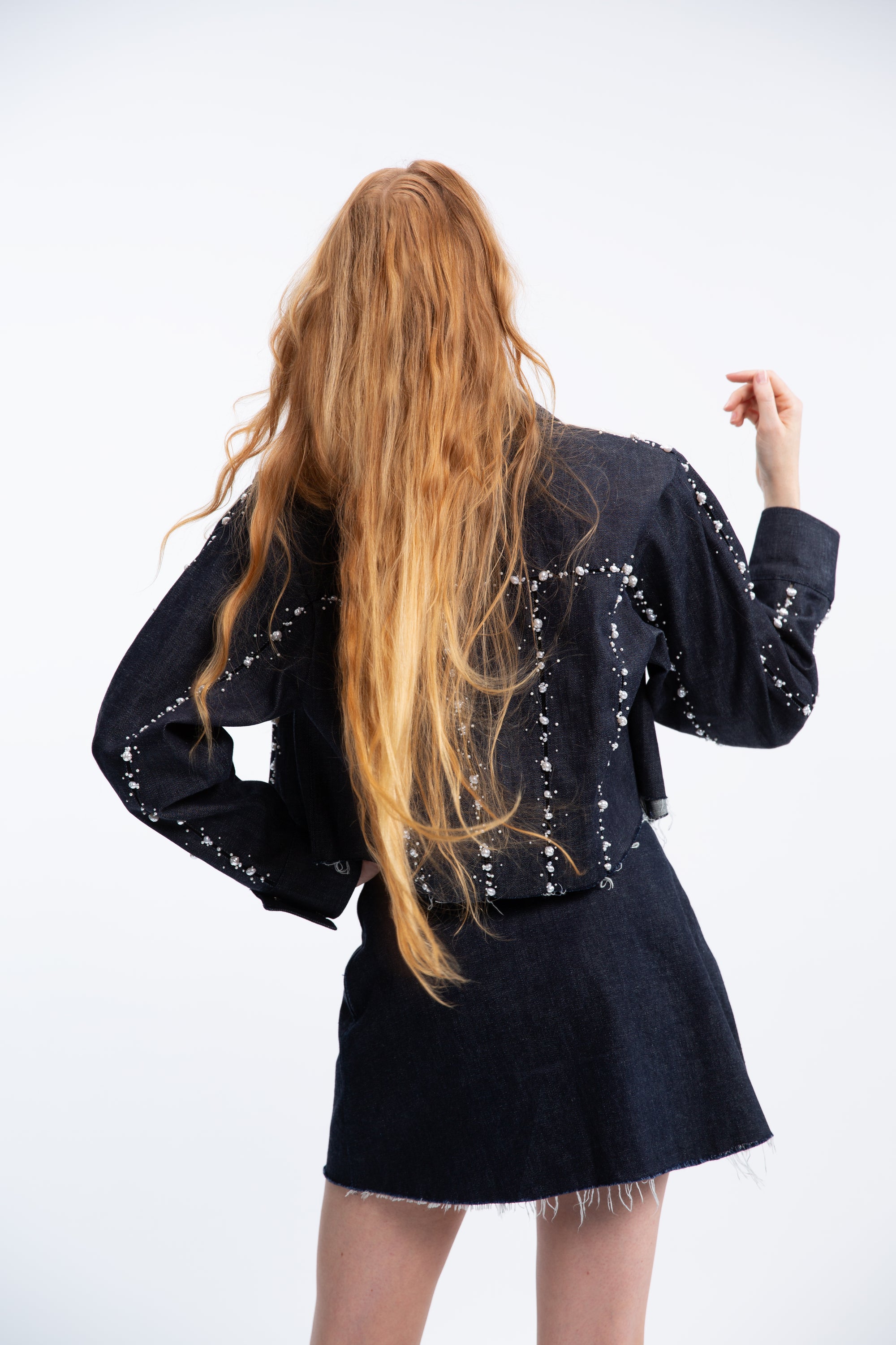 Cropped denim jacket with pearls